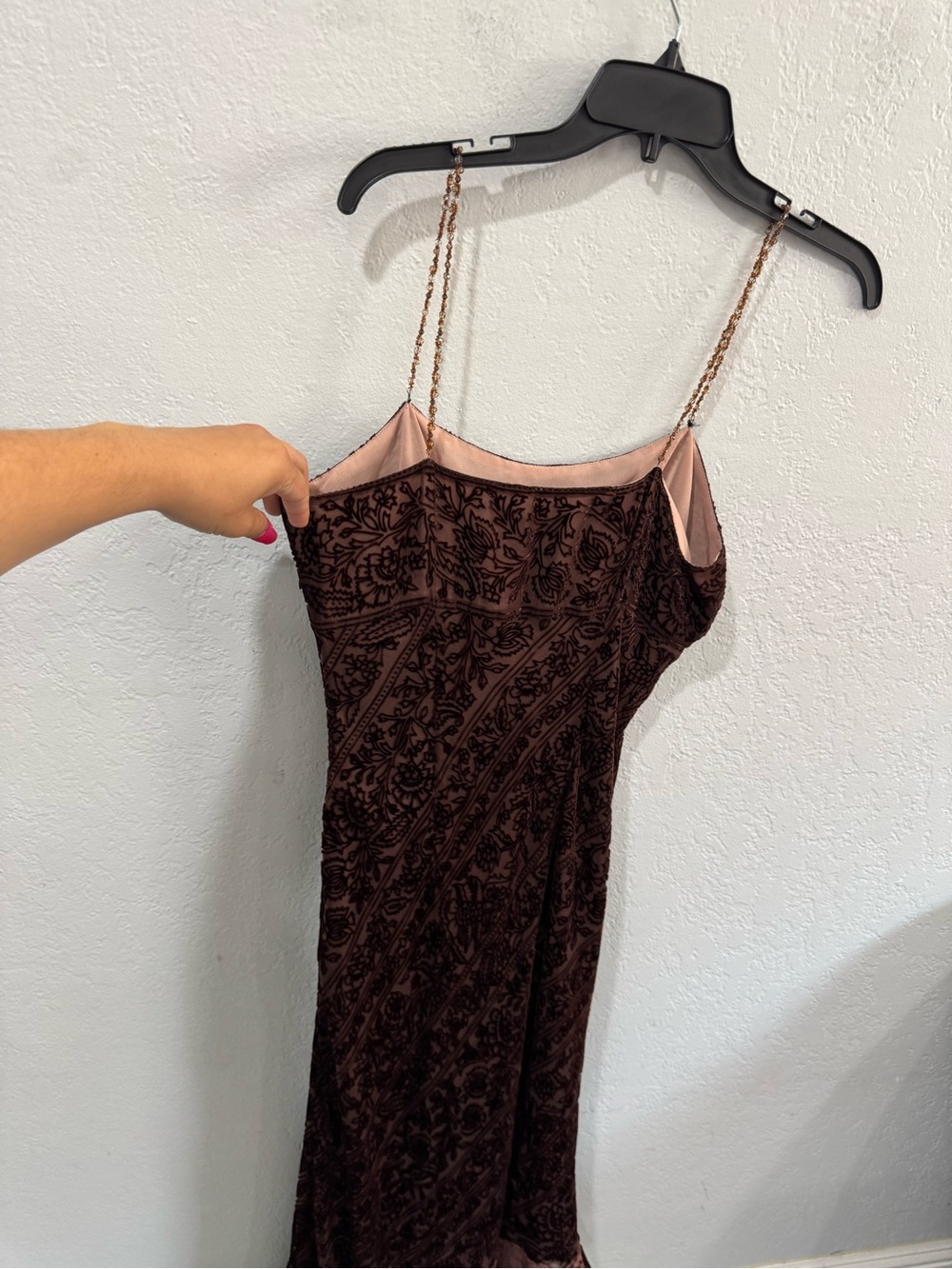 Vintage Y2K ECI New York Silk Blend Burnout Velvet Beaded Brown Whimsigoth Dress - Picture 6 of 8